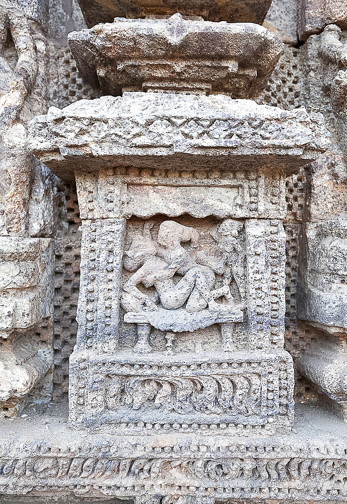 Erotic carving on the wall of the 13th century Konarak Sun temple, built as the chariot of Surya the Sun god, UNESCO World Heritage Site, Konarak, Orissa, India, Asia