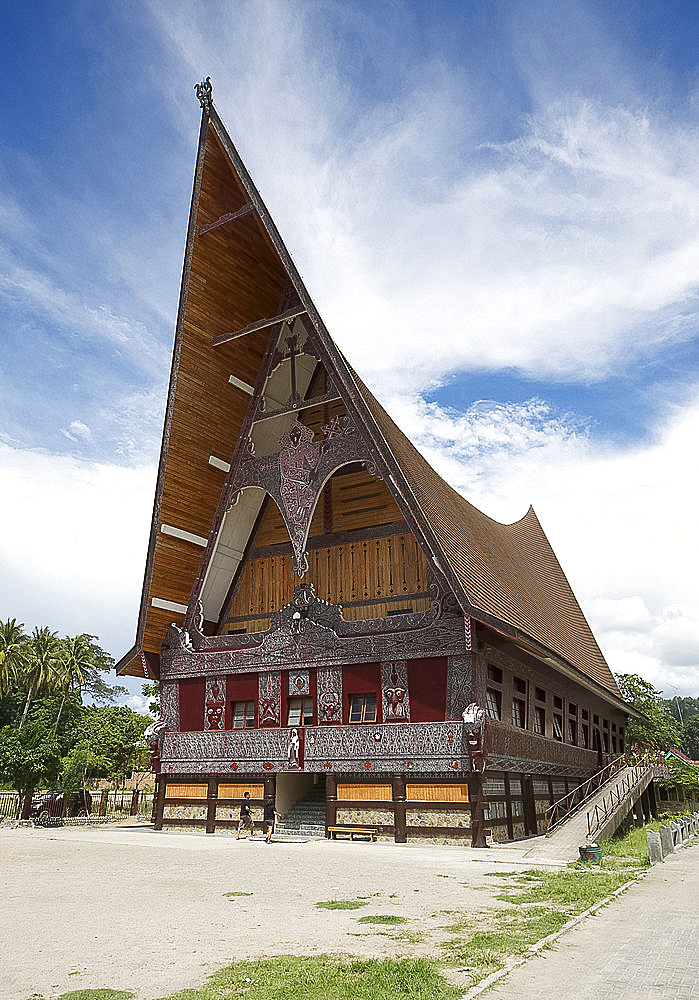 Large Batak style Catholic church with beautiful traditional Batak painted carving, Pangururan, Samosir Island, Sumatra, Indonesia, Southeast Asia, Asia