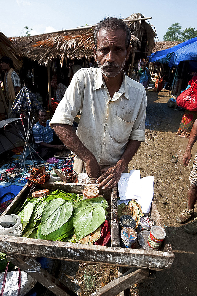 Paan wallah making paan for sale in Tizit village weekly local market, Nagaland, India, Asia