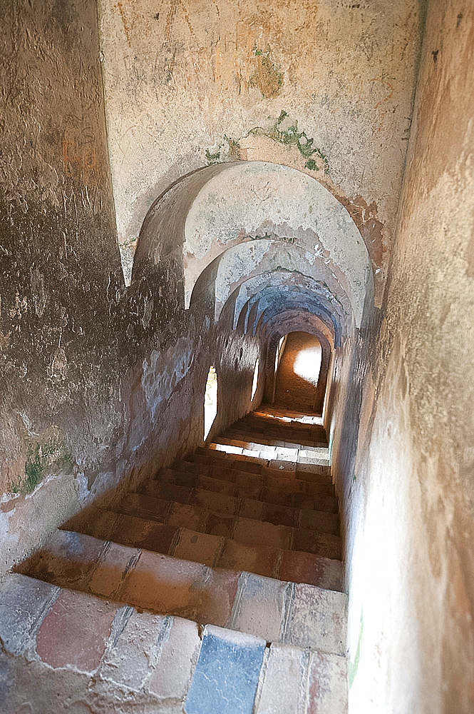 Terracotta stairs leading to Royal apartments from the terrace in 18th century palace of the Ahom kingdom, Rangpur, Sivasagar, Assam, India, Asia