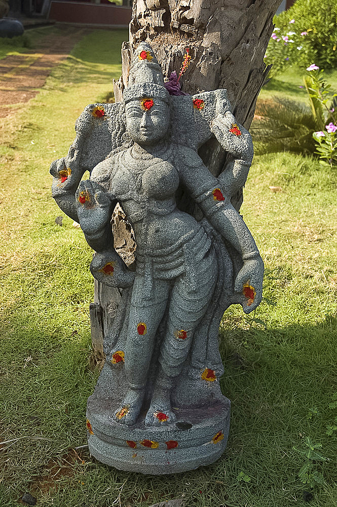 Hindu goddess decorated with red and yellow puja marks, Pondicherry, Tamil Nadu, India, Asia