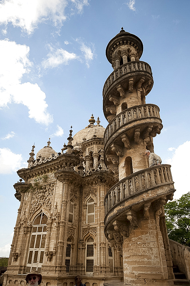 One of the four minarets at the Jama Masjid (mosque) in the Mahabat Maqbara complex, built in 1892, Junagadh, Gujarat, India, Asia