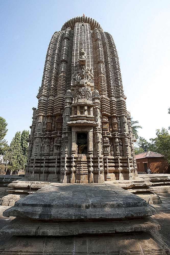 Ornately carved 13th century Vimana section of Madhava temple dedicated to Lord Vishnu, Madhava, Cuttack district, Odisha, India, Asia