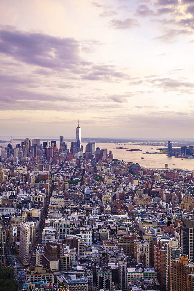 Skyline looking south towards Lower Manhattan at sunset, One World Trade Center in view, Manhattan, New York City, New York, United States of America, North America