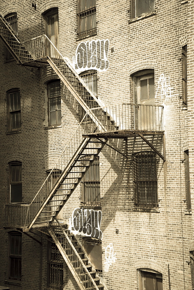 Fire escapes on an old building, Meatpacking Districrt, Manhattan, New York City, New York, United States of America, North America