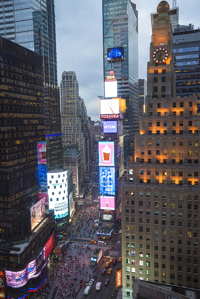 High angle view of Times Square at dusk, Theatre District, Midtown, Manhattan, New York City, New York, United States of America, North America