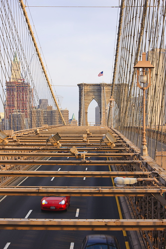 Traffic on Brooklyn Bridge, New York City, New York, United States of America, North America