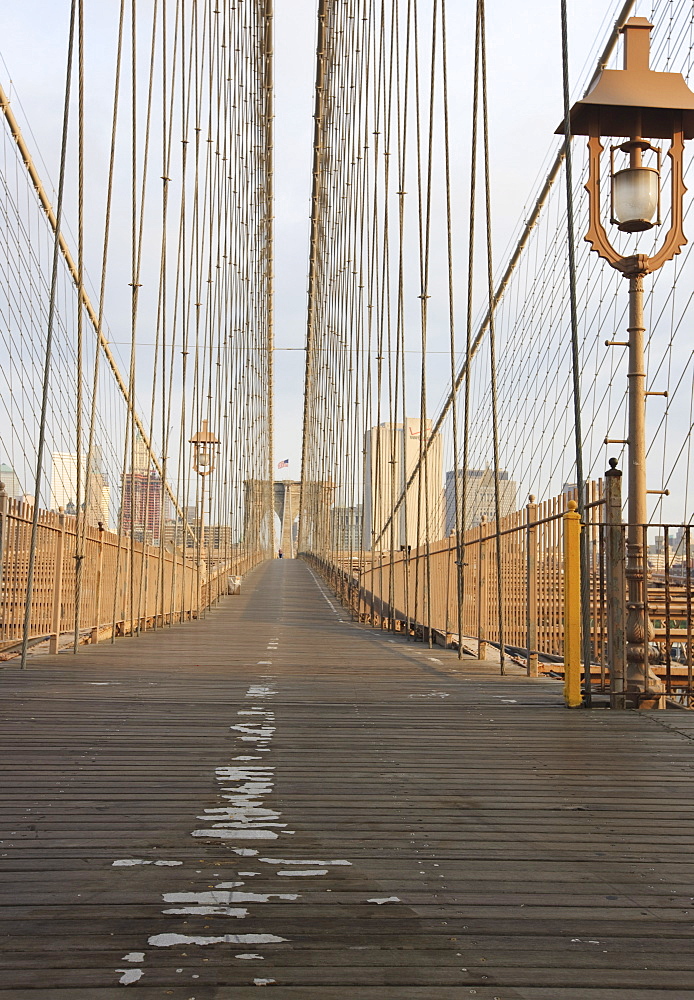 Early morning on Brooklyn Bridge, New York City, New York, United States of America, North America