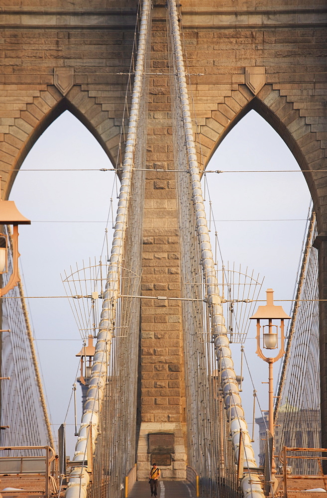 Early morning on Brooklyn Bridge, New York City, New York, United States of America, North America