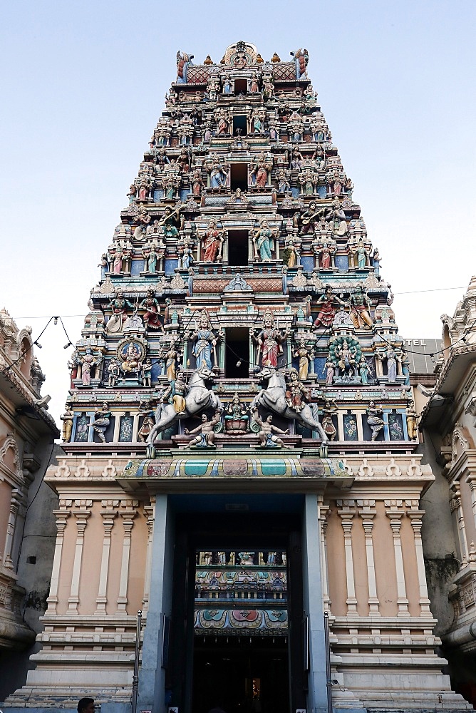 Hindu gods adorn the five storey Raja Gopuram, Sri Mahamariamman Hindu Temple, Kuala Lumpur. Malaysia, Southeast Asia, Asia