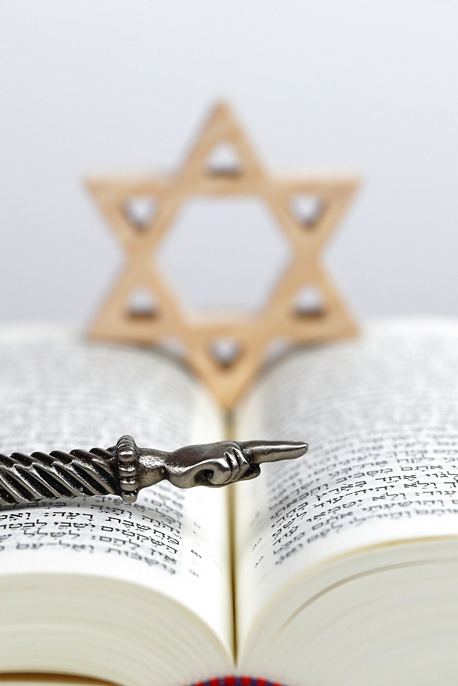 A silver Yad Jewish ritual pointer, a Jewish star (Star of David) and a Torah, Jewish symbols, France, Europe