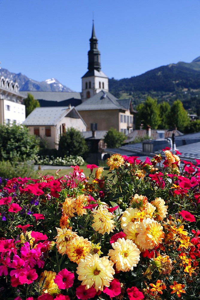 Colourful flowers in the village of Saint Gervais les Bains in the French Alps, Haute-Savoie,  France, Europe