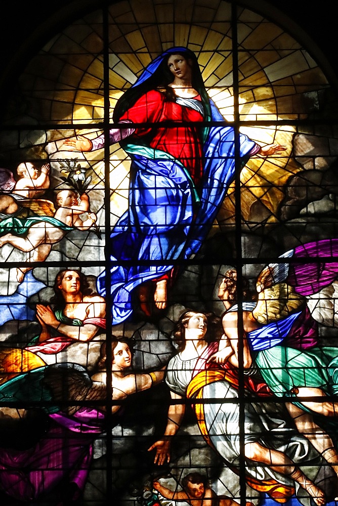 Assumption of Virgin Mary, stained glass window, Milan Cathedral, Milan, Lombardy, Italy, Europe