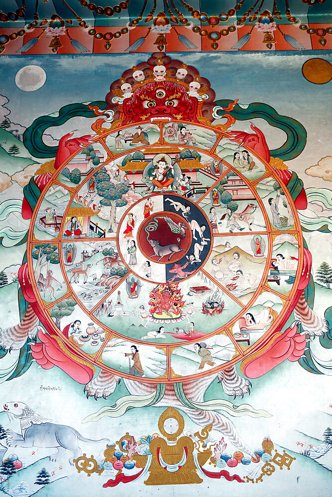 The wheel of life (the bhavacakra), a symbolic representation of samsara, wall painting, Pema Osel Ling Monastery, Dakshinkali, Kathmandu, Nepal, Asia