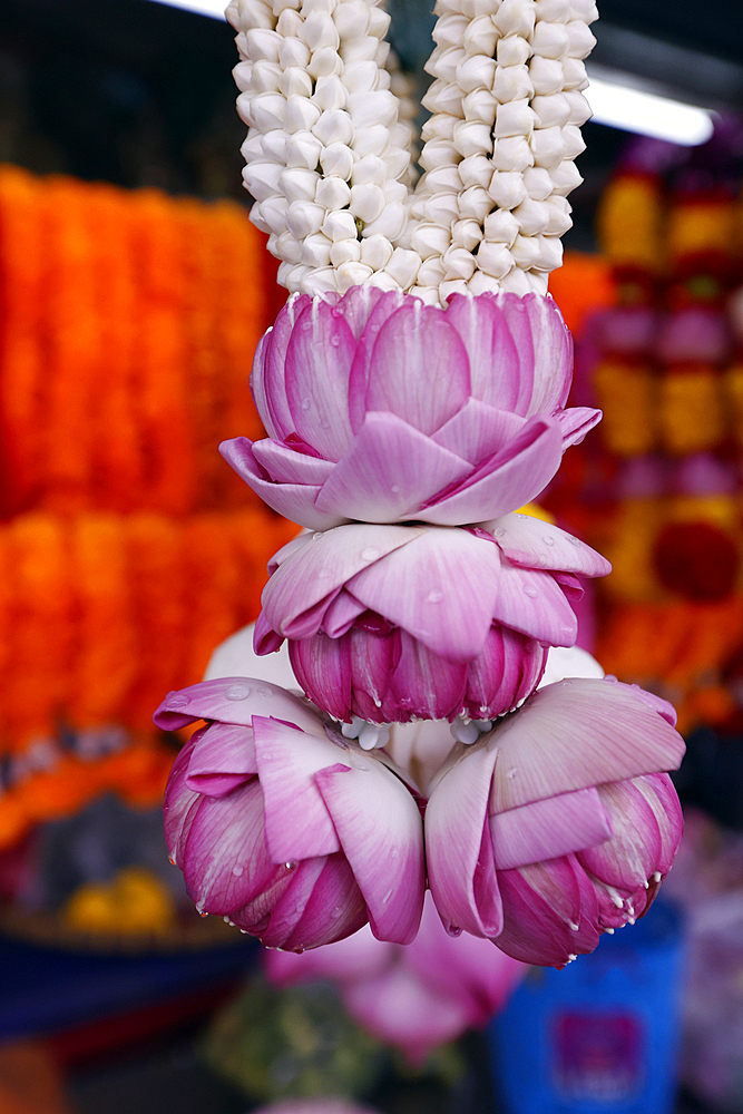 Flower garlands as temple offerings for Hindu ceremony, Indian flower shop at Sri Maha Mariamman Temple, Bangkok, Thailand, Southeast Asia, Asia