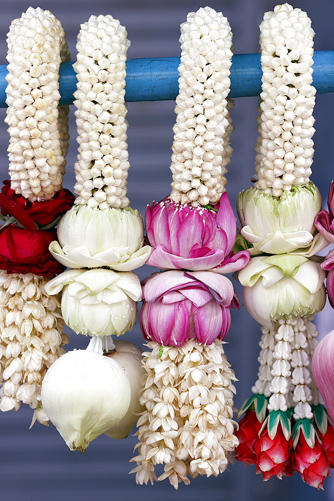 Flower garlands as temple offerings for Hindu ceremony, Indian flower shop at Sri Maha Mariamman Temple, Bangkok, Thailand, Southeast Asia, Asia