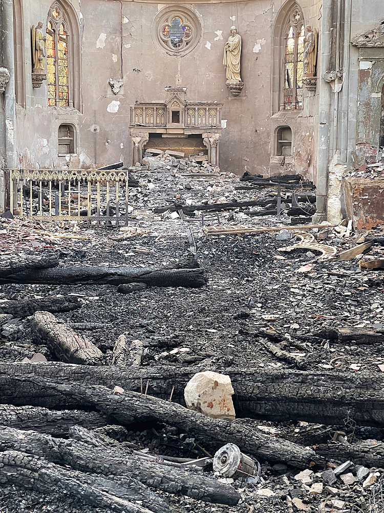 Catholic church destroyed by fire in Romilly-la-Puthenaye, Eure, Normandy, France, Europe