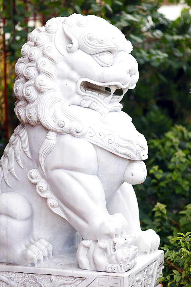 Temple Guardian. Chinese lion statue represent Yin force, female, negative, take, carry a cub. An Giang Province. Mekong Delta, Vietnam.