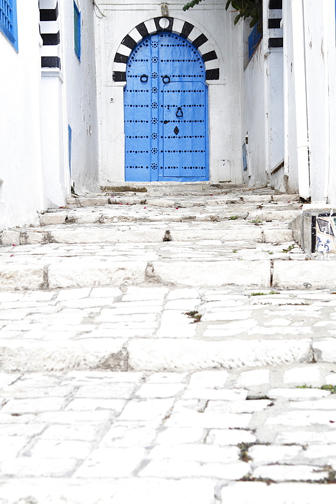 Blue door and steps, Sidi Bou Said, Tunisia, North Africa, Africa