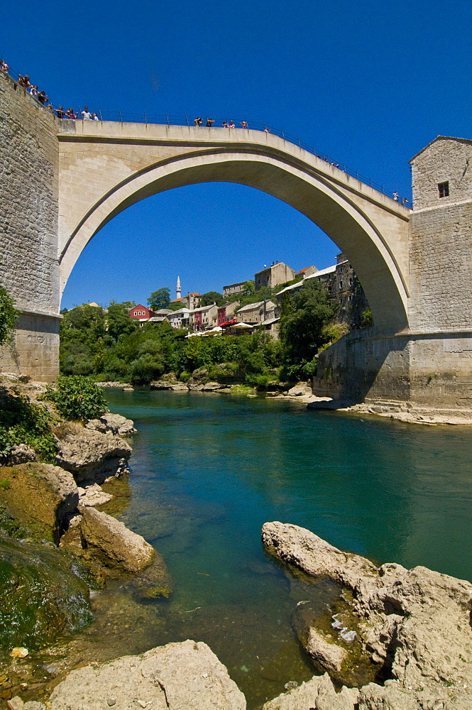 Famous old bridge reconstructed after collapsing in the war in the old town of Mostar, UNESCO World Heritage Site, Bosnia-Herzegovina, Europe