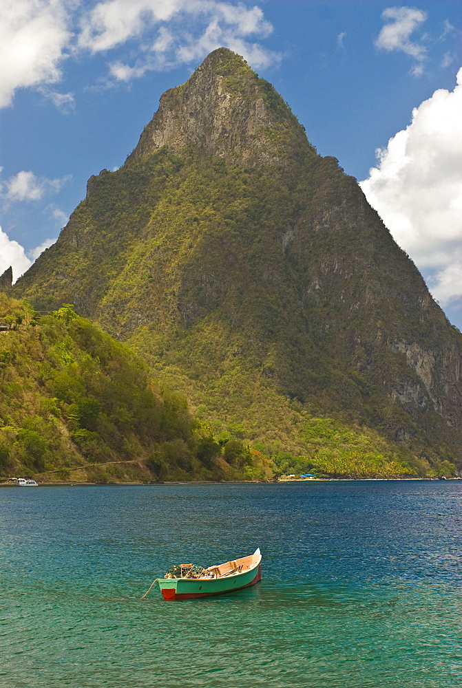 A wooden rowboat is lying in the Atlantic Ocean,  St. Lucia, Windward Islands, West Indies, Caribbean, Central America