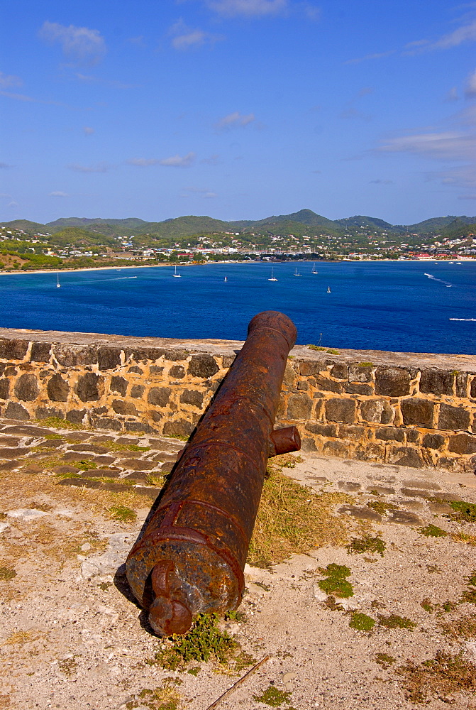 Old canon on Pigeon Point overlooking Rodney Bay, St. Lucia, Windward Islands, West Indies, Caribbean, Central America