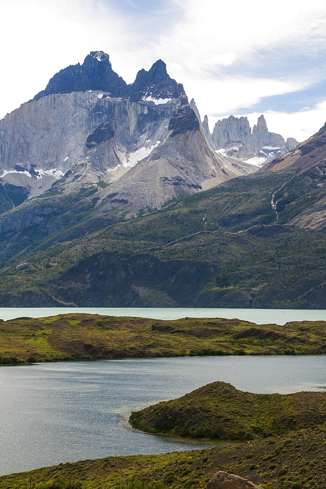 Glacial lakes in front of the Torres del Paine National Park, Patagonia, Chile, South America 