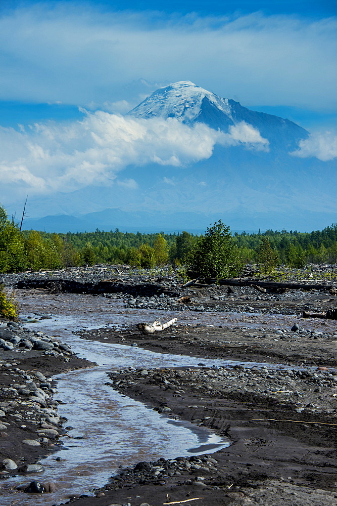 Little creek and the Tolbachik volcano, Kamchatka, Russia, Eurasia