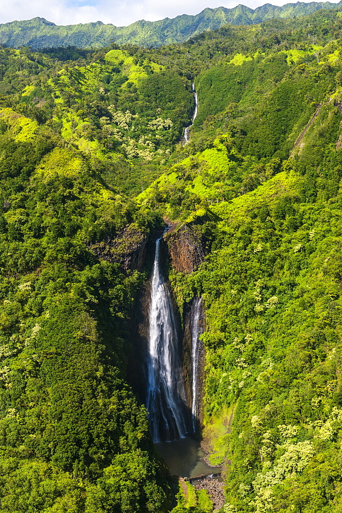 Aerial view of Manawaiopuna Falls, also known as Jurassic Park Falls waterfall in the interior of Kauai, Hawaii, United States of America, Pacific