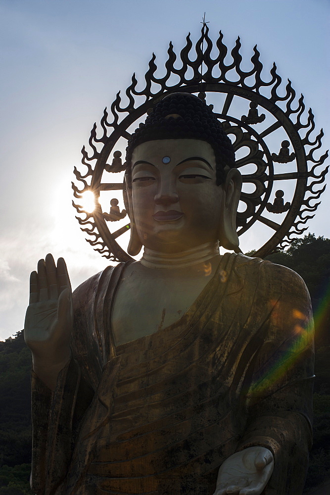 Backlit Golden Maitreya Statue, Beopjusa Temple Complex, South Korea, Asia