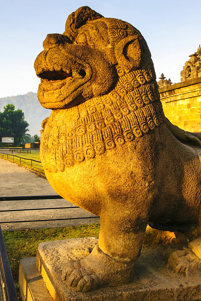 Lion head in the temple complex of Borobodur, UNESCO World Heritage Site, Java, Indonesia, Southeast Asia, Asia