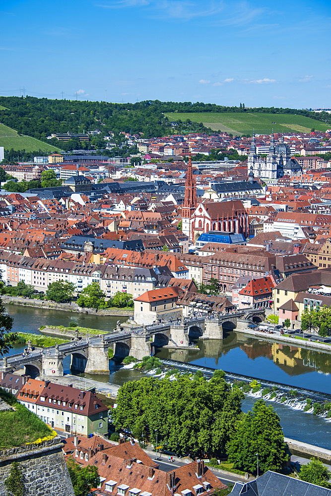 View over Wurzburg from Fortress Marienberg, Franconia, Bavaria, Germany, Europe