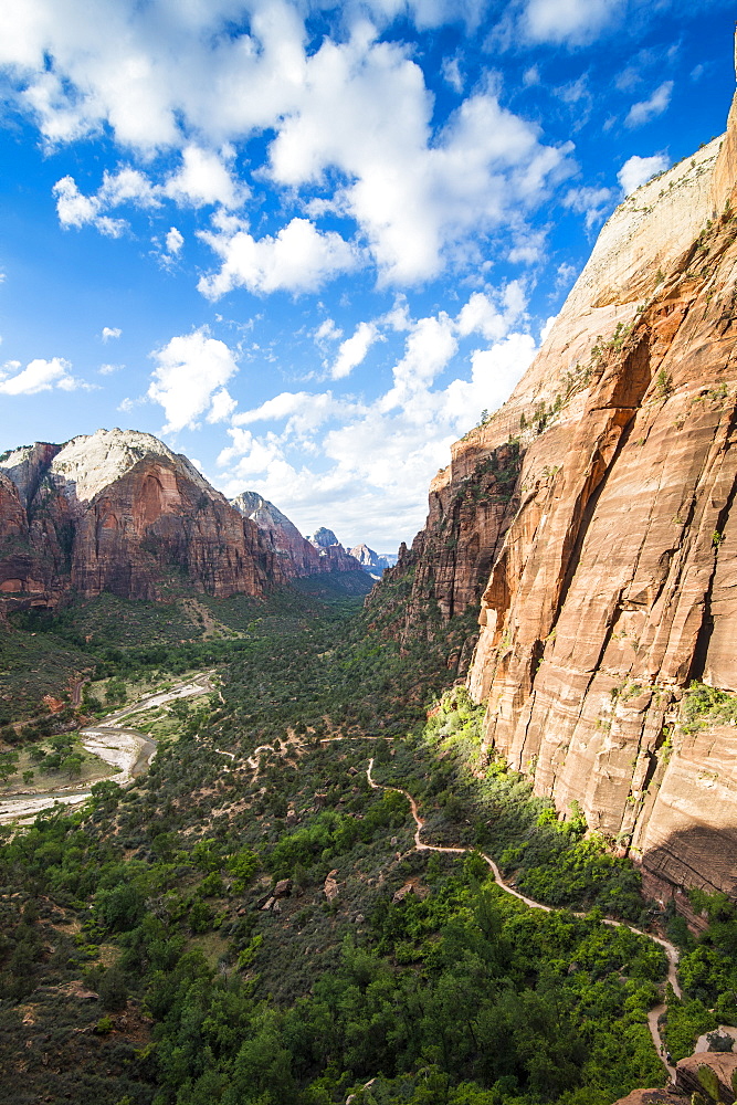 View over the cliffs of the Zion National Park and the Angel's Landing path, Zion National Park, Utah, United States of America, North America