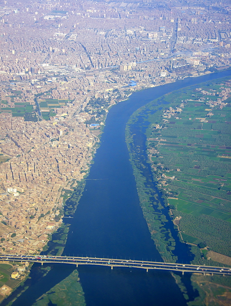 Aerial of the center of Cairo and the River Nile, Egypt, North Africa, Africa