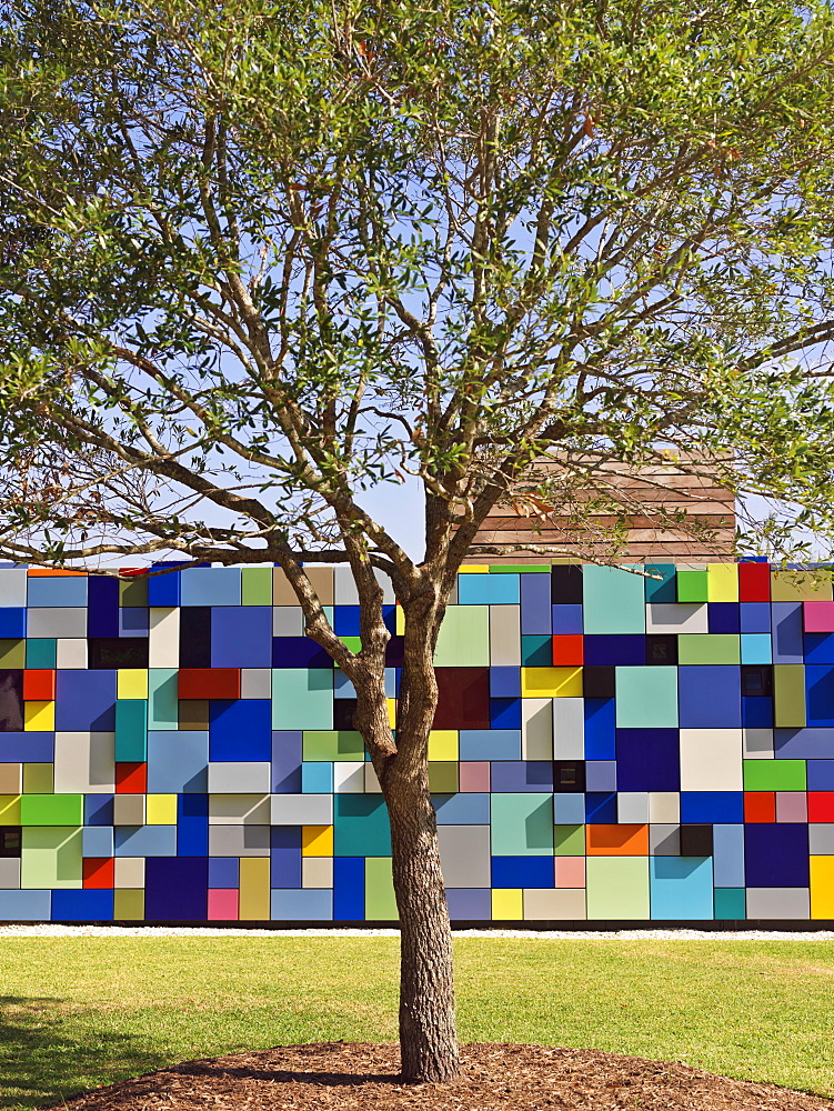 Colorful multi-colored building used as an entrance for parking garage at Discovery Park, Synchronicity of Color by Margo Sawyer, Houston, Texas, United States of America, North America