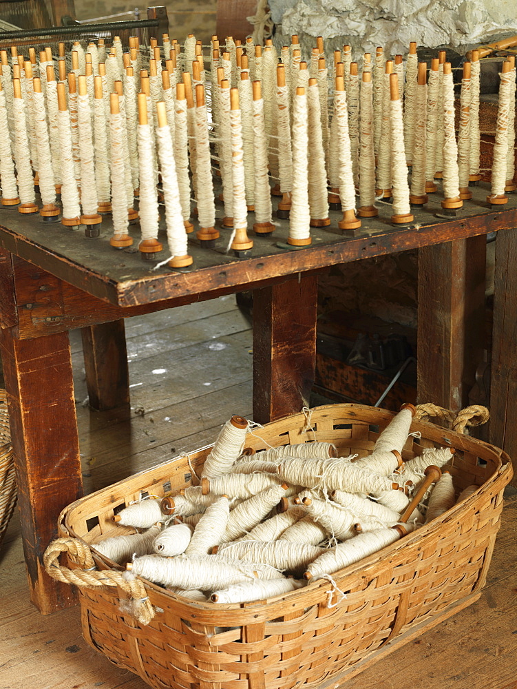 Upper Canada Village, recreation of pioneer life circa 1860s, spun sheep wool, Morrisburg, Ontario, Canada, North America