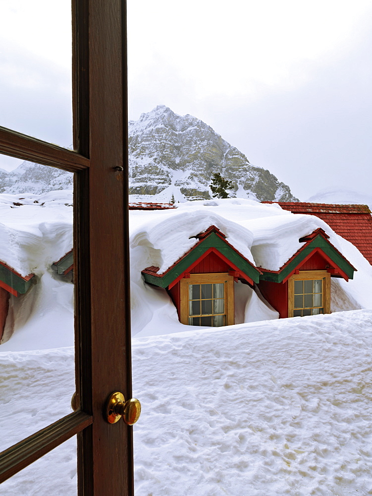 Snow covered dormers, Simpson's Num-Ti-Jah Lodge in winter, Banff National Park, Alberta, Canada, North America