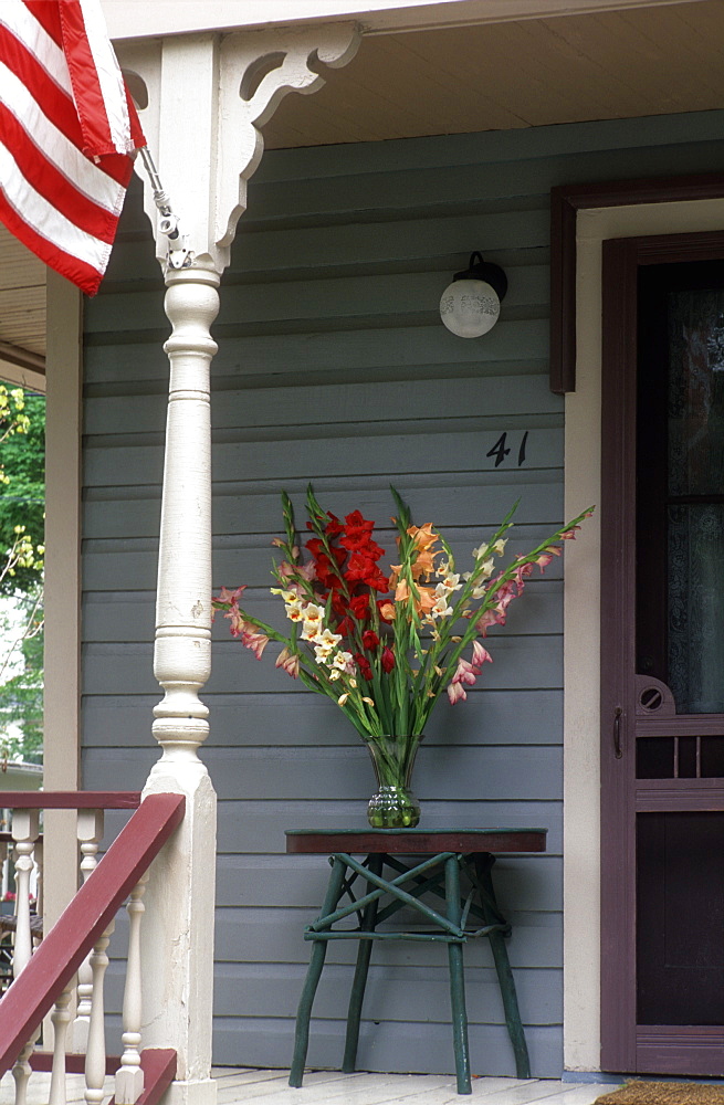 Vase of gladiolus on porch, Chautauqua, New York State, United States of America, North America