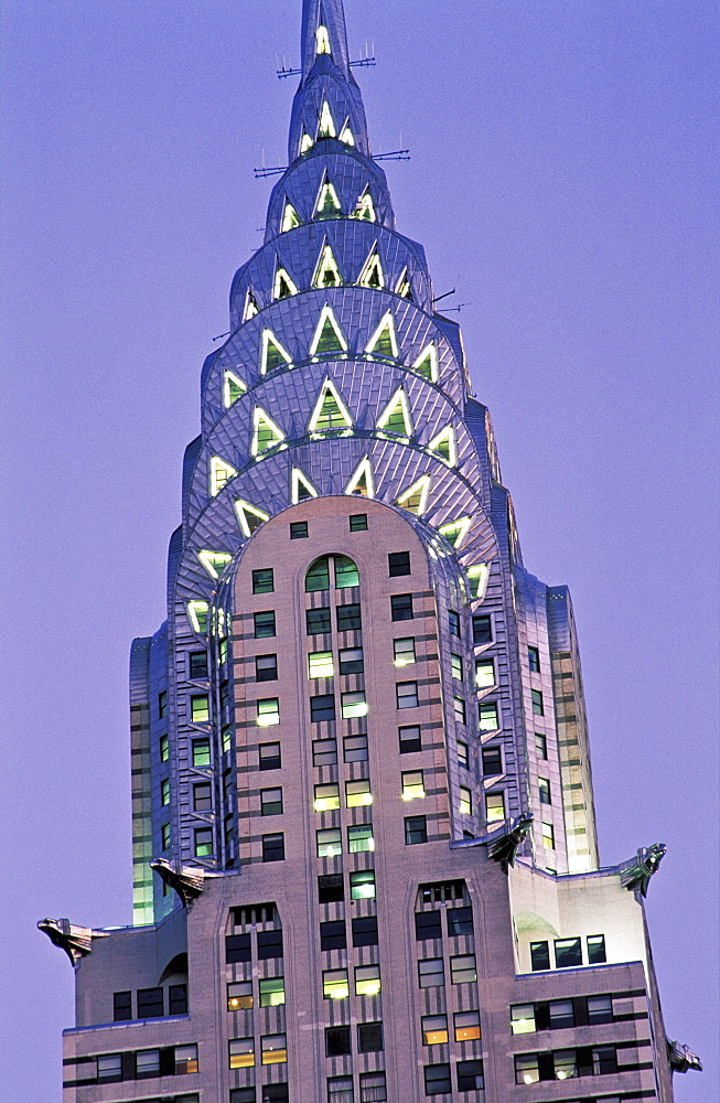 Close up of the Chrysler Building illuminated at dusk, New York City, United States of America, North America