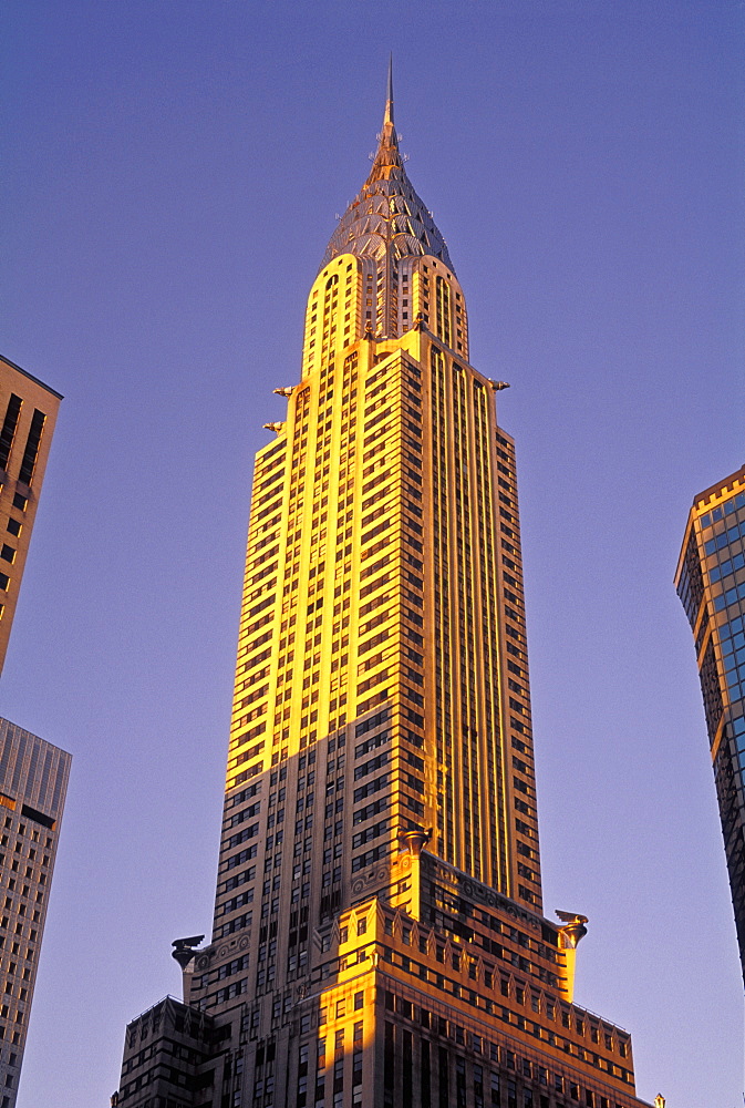 Close up of the Chrysler Building illuminated at sunset, New York City, United States of America, North America