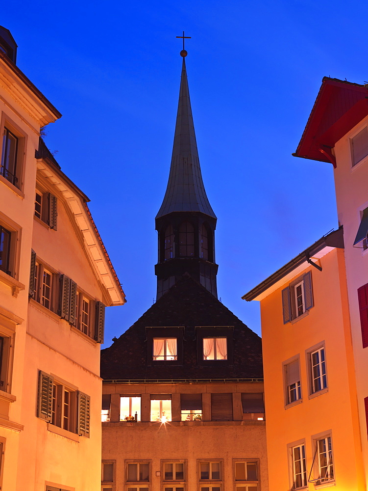 Street scene with view of Augustiner Church at dusk, Old Town, Zurich, Switzerland, Europe