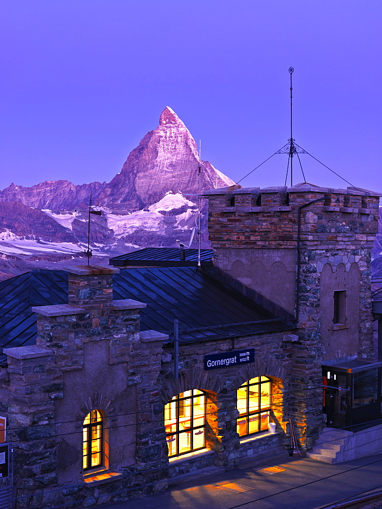 Gornergrat, the Matterhorn and the Gornergrat train station at dawn, Zermatt, Valais, Switzerland, Europe