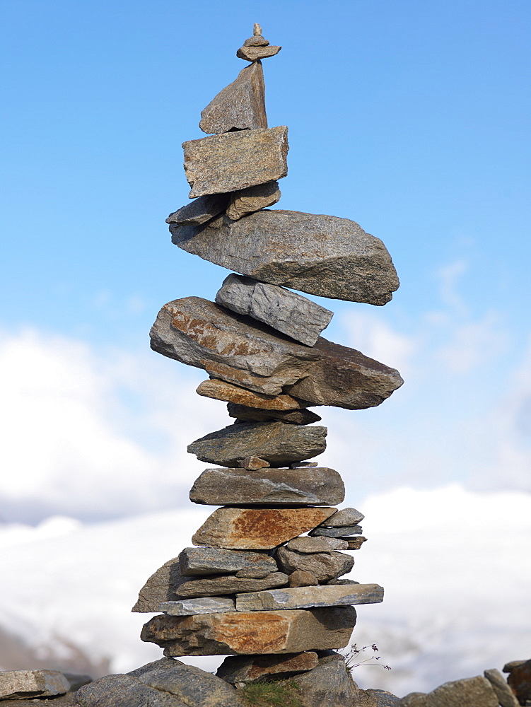 A cairn of balanced rocks, Gornergrat, Zermatt, Valais, Switzerland, Europe