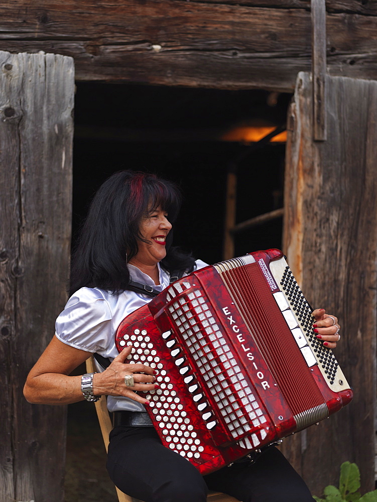 Local musician playing traditional music on accordian, Binn, Goms Region, Switzerland, Europe