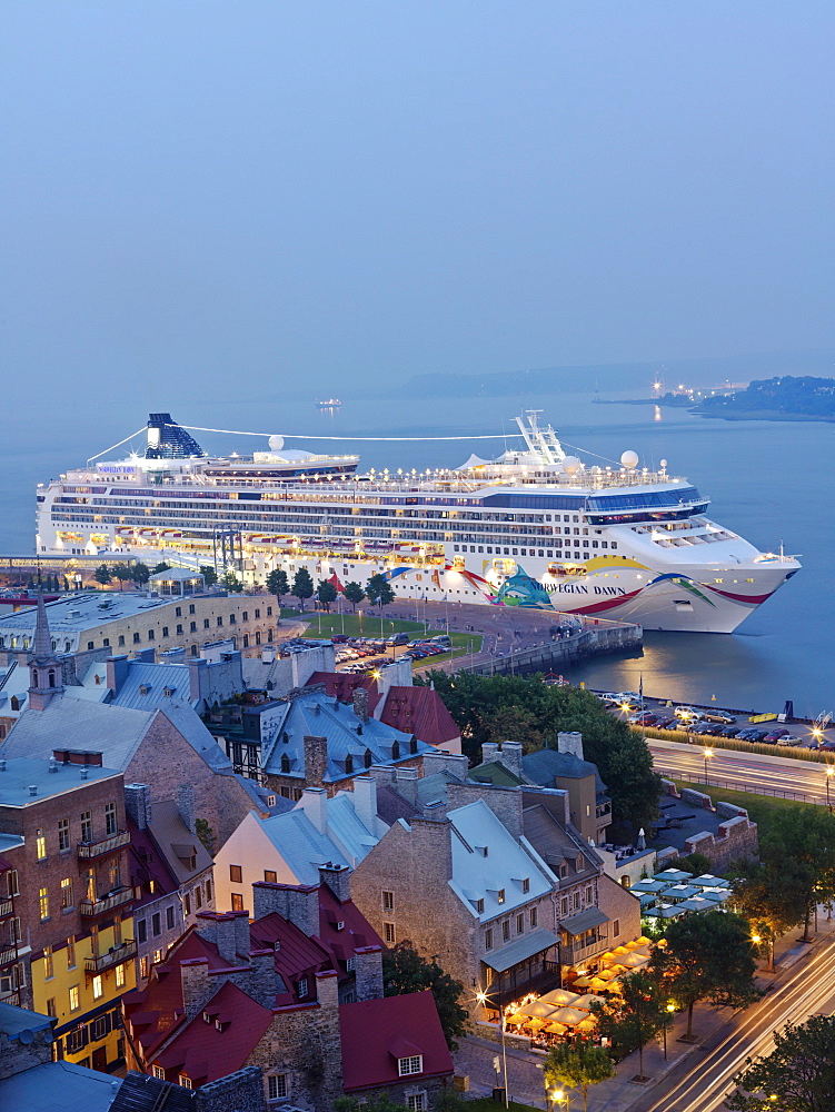 Cruise ship in port at dusk, Lower Town, Quebec City, Quebec, Canada, North America