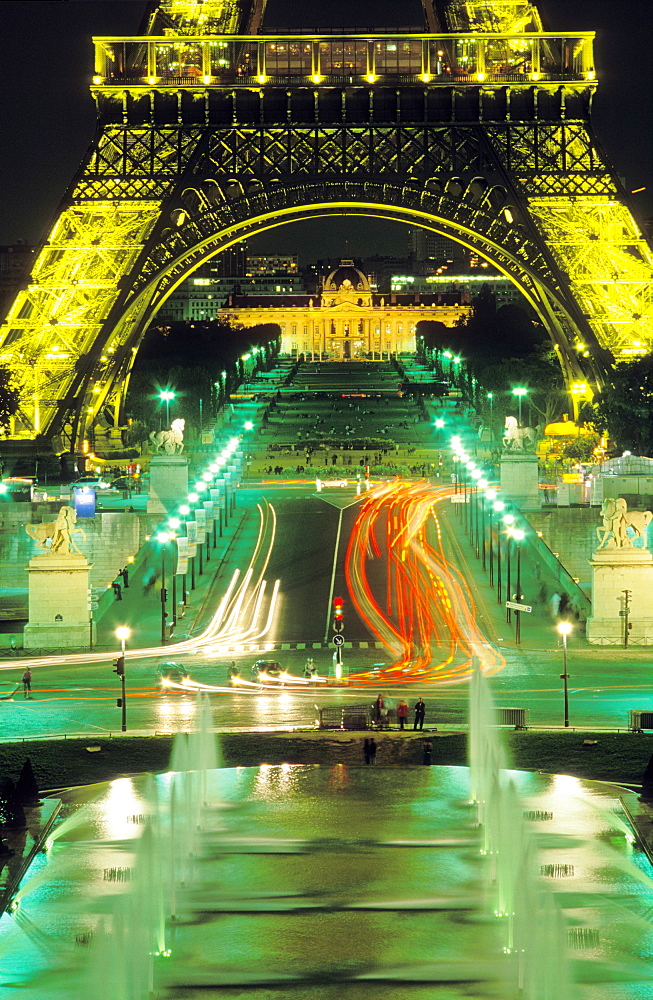 The Eiffel Tower at night with a view of the Champ de Mars, Paris, France, Europe