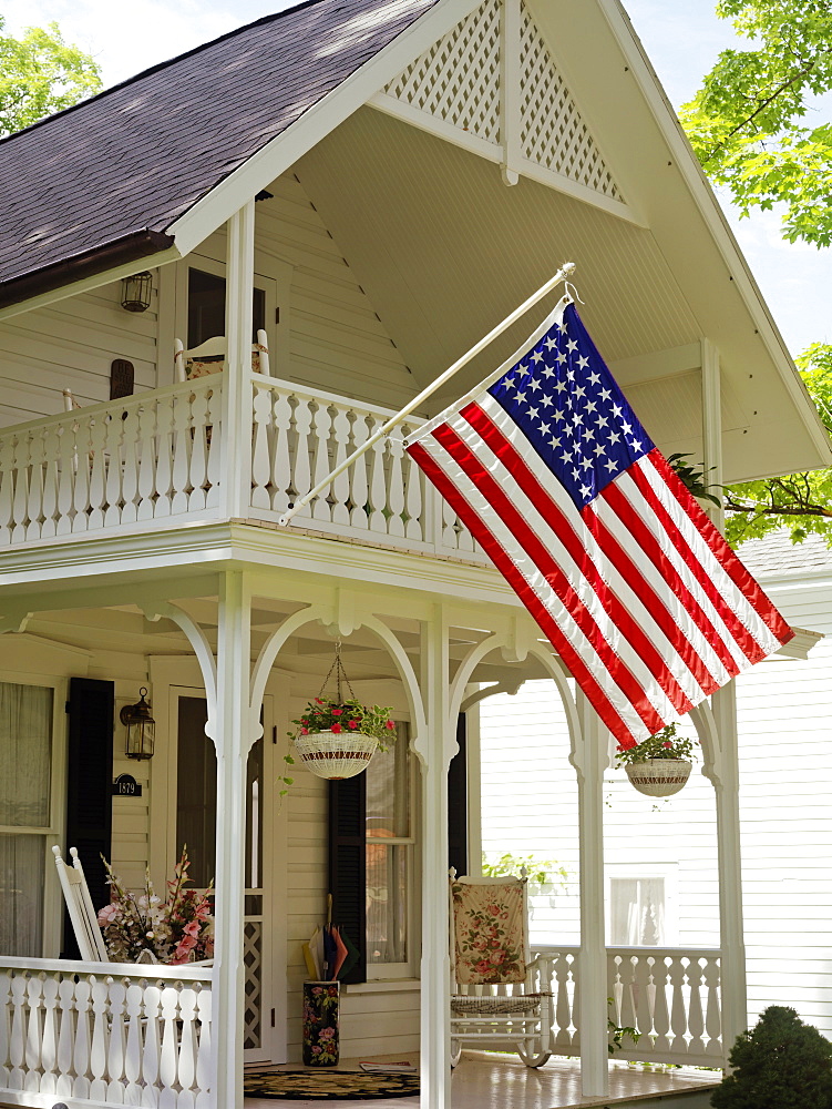 Victorian home displaying the American flag, Chautauqua, New York State, United States of America, North America