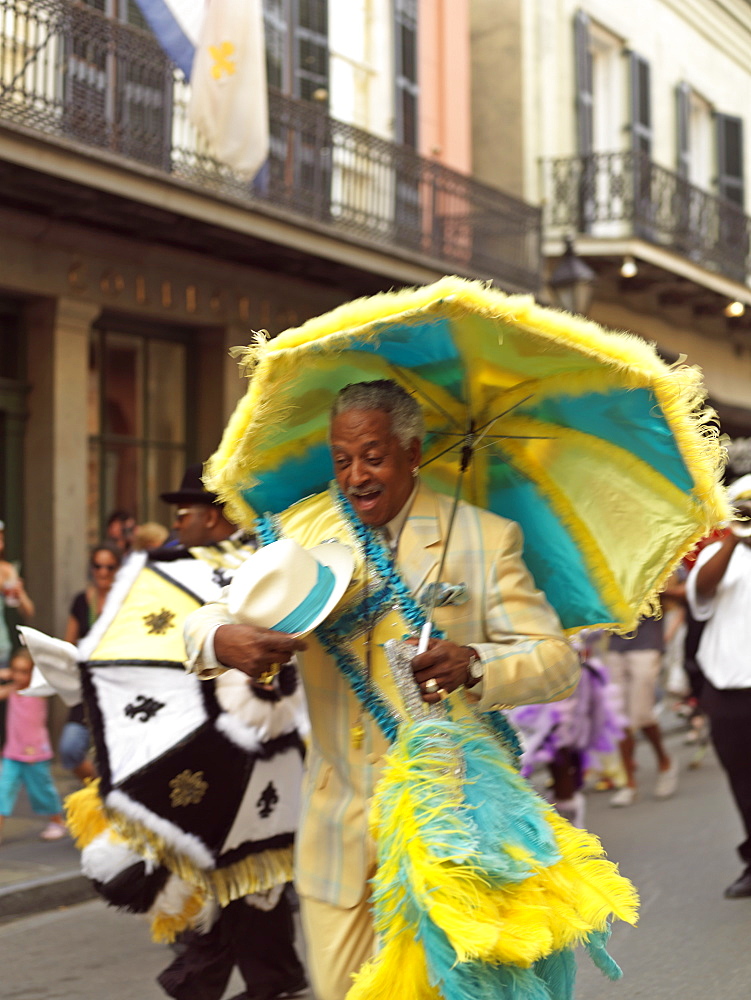 French Quarter second line parade led by the Grand Marshall, French Quarter, New Orleans, Louisiana, United States of America, North America