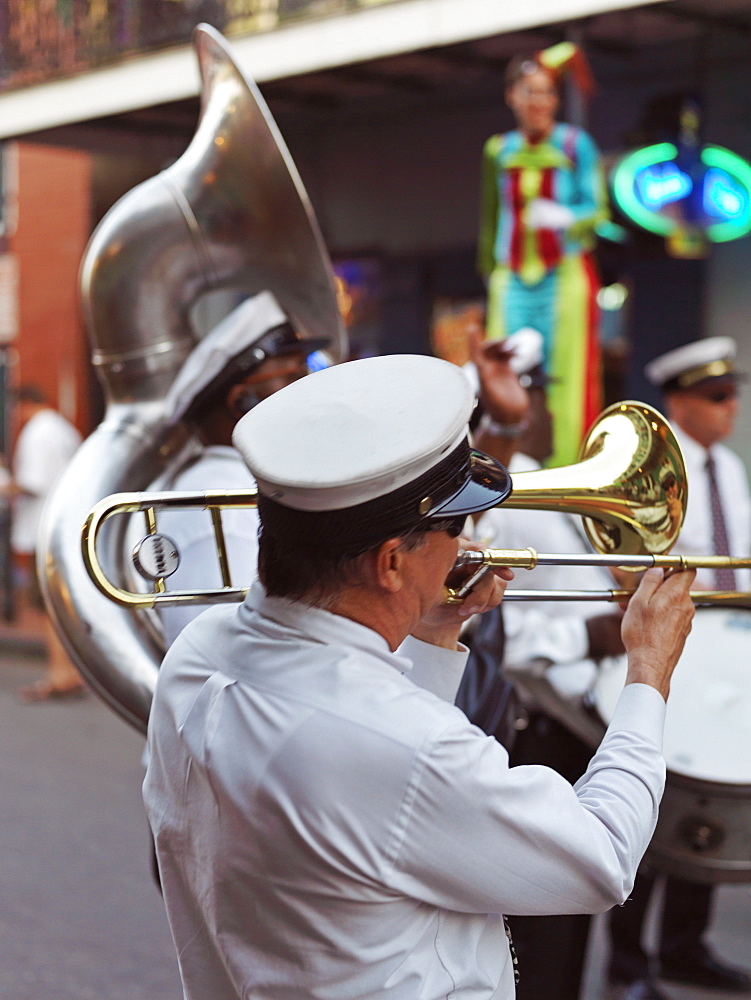 Trombone player, second line parade in the French Quarter, New Orleans, Louisiana, United States of America, North America