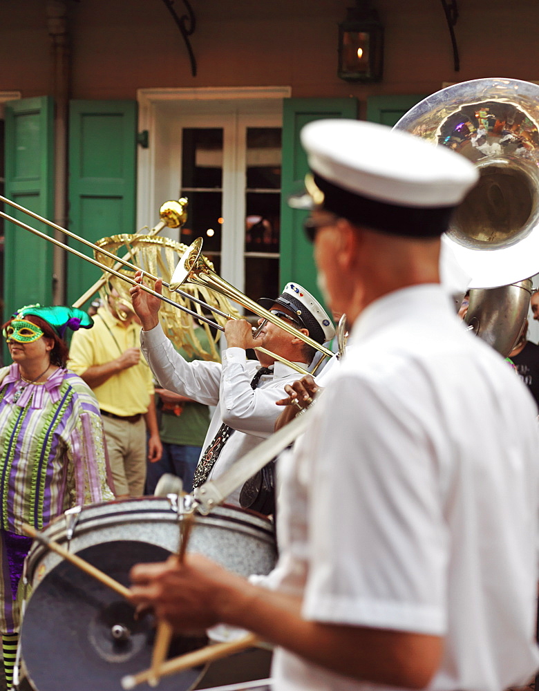 Trombone player, second line parade in the French Quarter, New Orleans, Louisiana, United States of America, North America